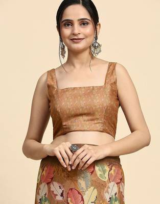 Brown printed satin fashion saree with blouse piece 5