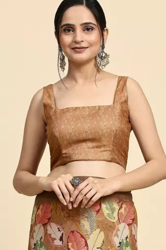 Brown printed satin fashion saree with blouse piece