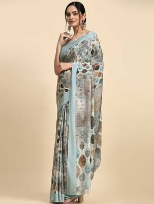 Grey printed satin fashion saree with blouse piece 1