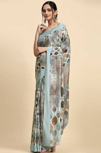 Grey printed satin fashion saree with blouse piece