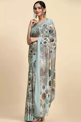 Grey printed satin fashion saree with blouse piece