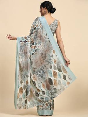 Grey printed satin fashion saree with blouse piece 2