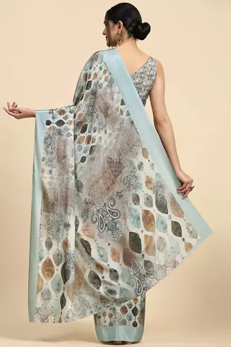 Grey printed satin fashion saree with blouse piece