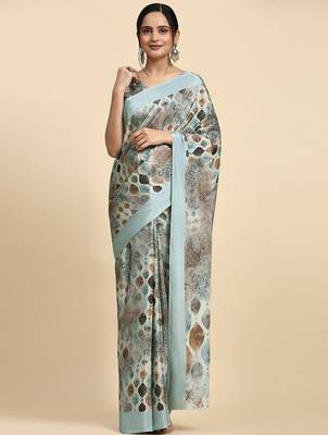 Grey printed satin fashion saree with blouse piece 3