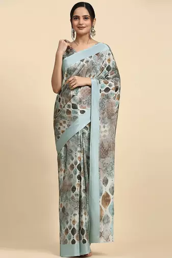 Grey printed satin fashion saree with blouse piece
