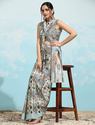Grey printed satin fashion saree with blouse piece 4