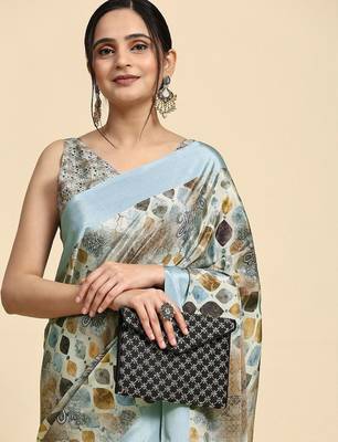 Grey printed satin fashion saree with blouse piece 5