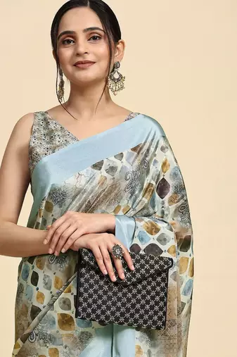 Grey printed satin fashion saree with blouse piece