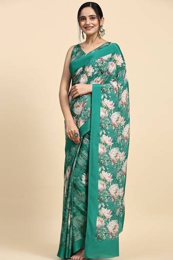 Green printed satin fashion saree with blouse piece