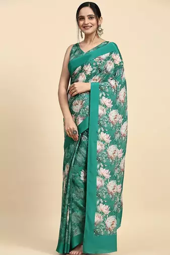 Green printed satin fashion saree with blouse piece