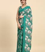 Green printed satin fashion saree with blouse piece