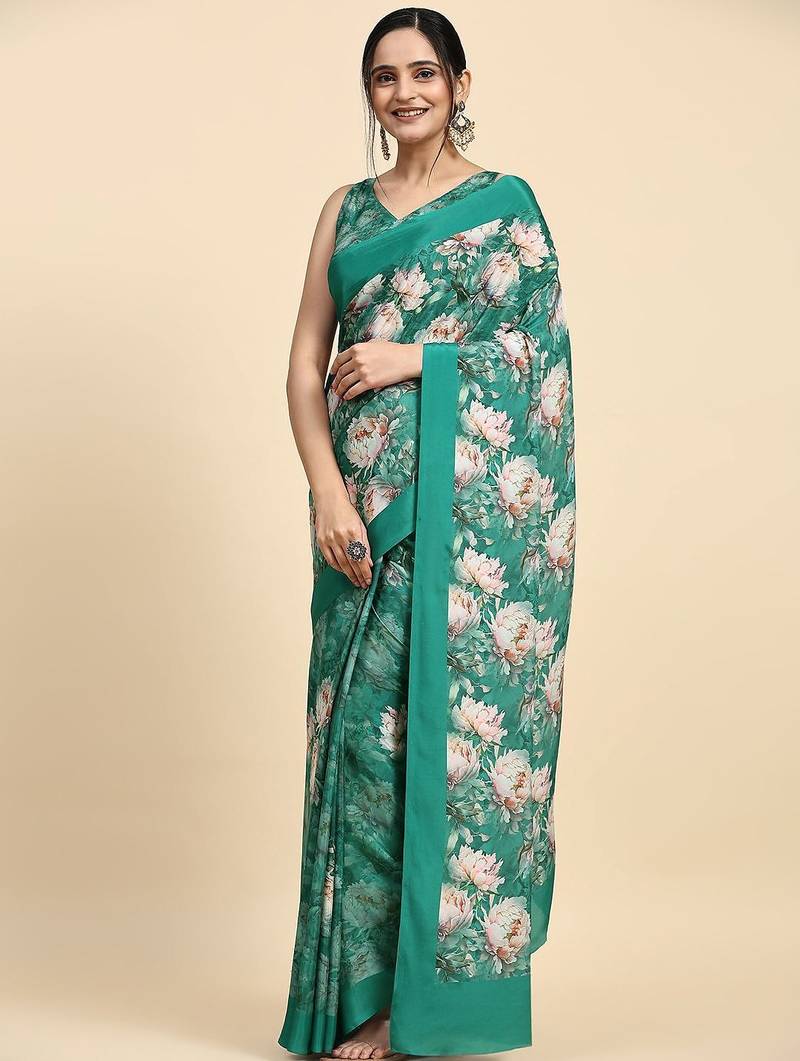 Green printed satin fashion saree with blouse piece