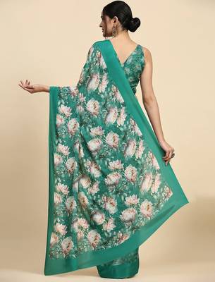 Green printed satin fashion saree with blouse piece 2