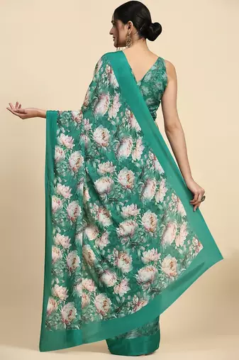 Green printed satin fashion saree with blouse piece