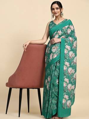 Green printed satin fashion saree with blouse piece 3
