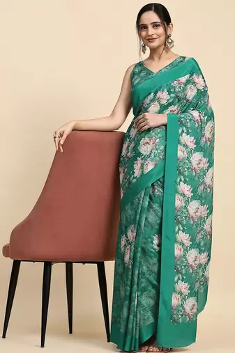 Green printed satin fashion saree with blouse piece