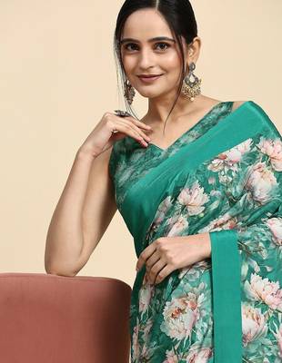 Green printed satin fashion saree with blouse piece 4