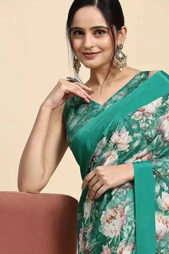 Green printed satin fashion saree with blouse piece