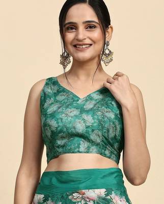 Green printed satin fashion saree with blouse piece 5