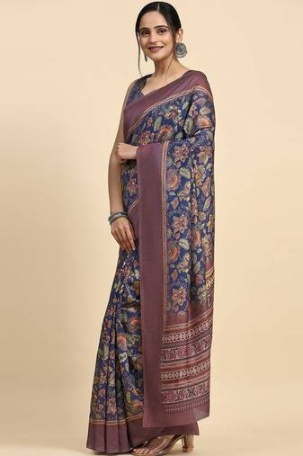 Blue floral printed jute casual saree with blouse piece