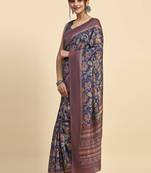 Blue floral printed jute casual saree with blouse piece