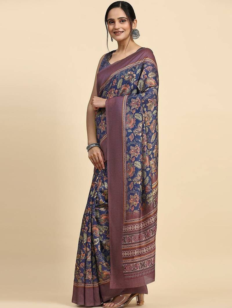 Blue floral printed jute casual saree with blouse piece