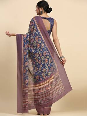 Blue floral printed jute casual saree with blouse piece 2
