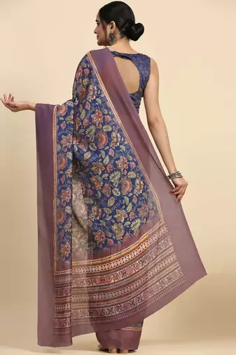 Blue floral printed jute casual saree with blouse piece