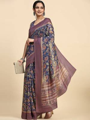 Blue floral printed jute casual saree with blouse piece 3