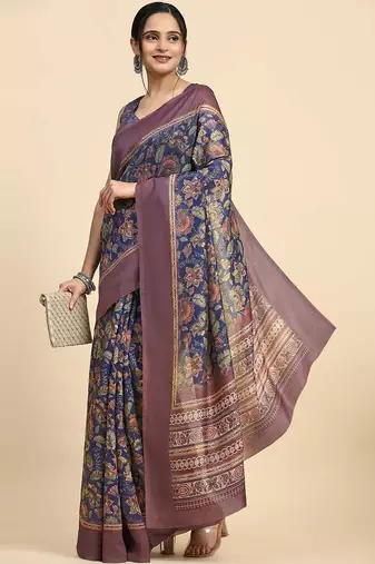 Blue floral printed jute casual saree with blouse piece