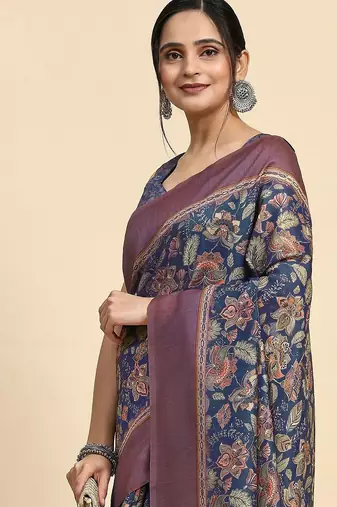 Blue floral printed jute casual saree with blouse piece