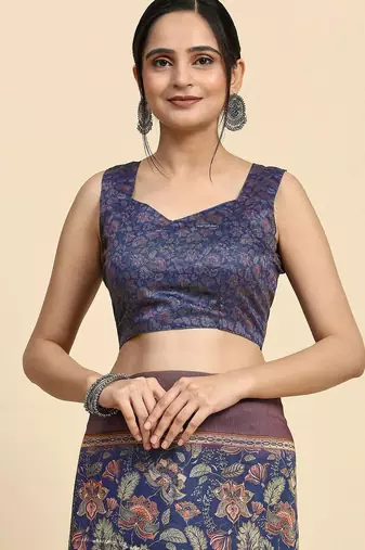 Blue floral printed jute casual saree with blouse piece