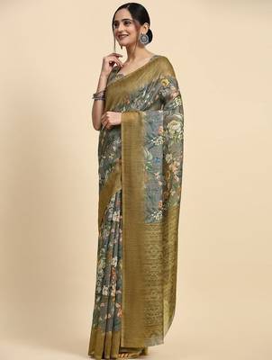 Grey floral printed jute casual saree with blouse piece 1
