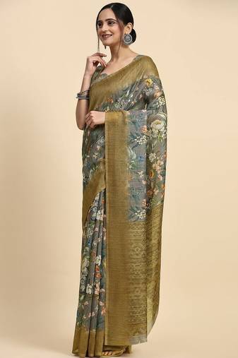 Grey floral printed jute casual saree with blouse piece