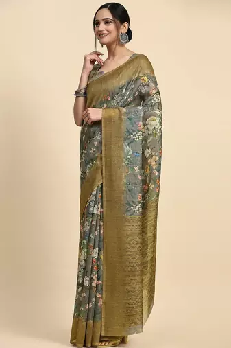 Grey floral printed jute casual saree with blouse piece
