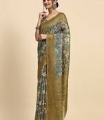 Grey floral printed jute casual saree with blouse piece
