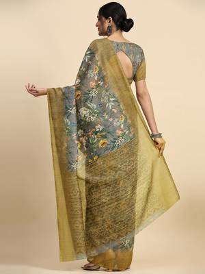 Grey floral printed jute casual saree with blouse piece 2