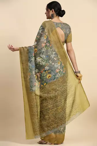 Grey floral printed jute casual saree with blouse piece