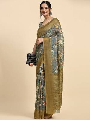 Grey floral printed jute casual saree with blouse piece 3