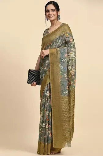 Grey floral printed jute casual saree with blouse piece