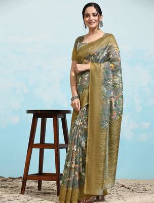 Grey floral printed jute casual saree with blouse piece 4