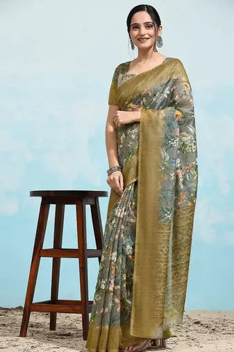 Grey floral printed jute casual saree with blouse piece