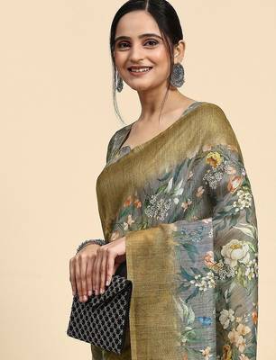 Grey floral printed jute casual saree with blouse piece 5