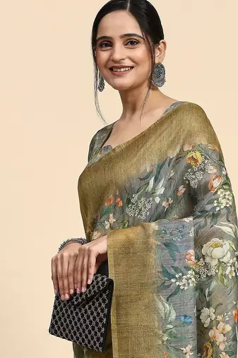 Grey floral printed jute casual saree with blouse piece