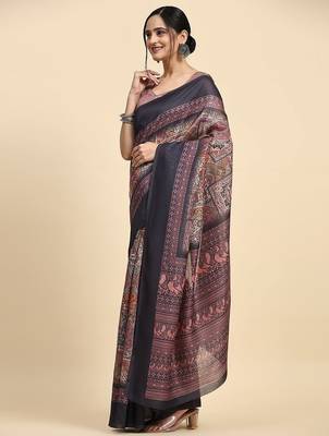 Brown geometric printed jute cotton festive wear saree with blouse piece 1