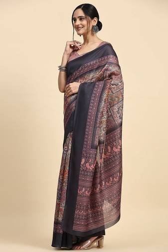 Brown geometric printed jute cotton festive wear saree with blouse piece