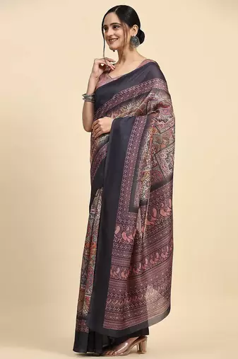Brown geometric printed jute cotton festive wear saree with blouse piece