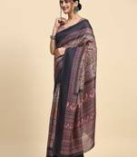 Brown geometric printed jute cotton festive wear saree with blouse piece