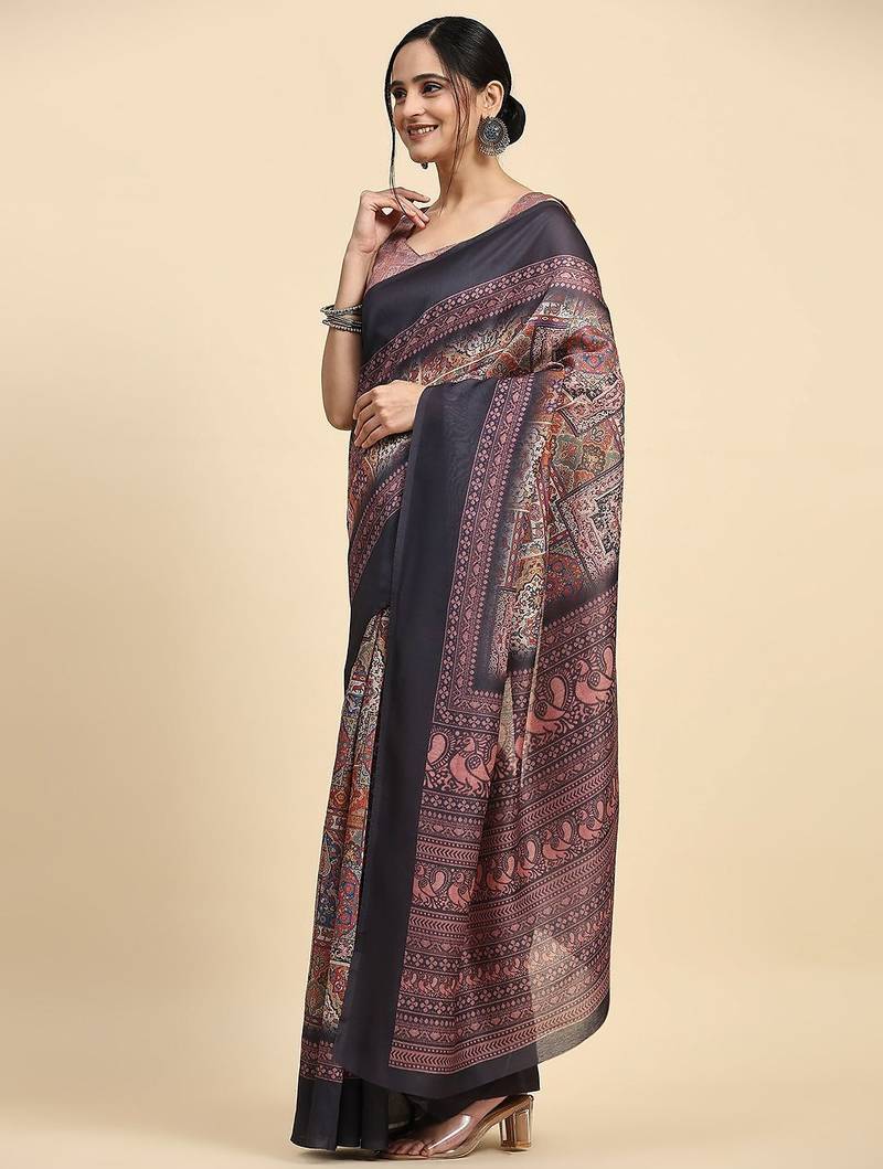 Brown geometric printed jute cotton festive wear saree with blouse piece