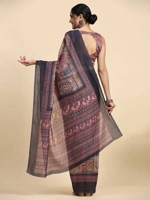 Brown geometric printed jute cotton festive wear saree with blouse piece 2